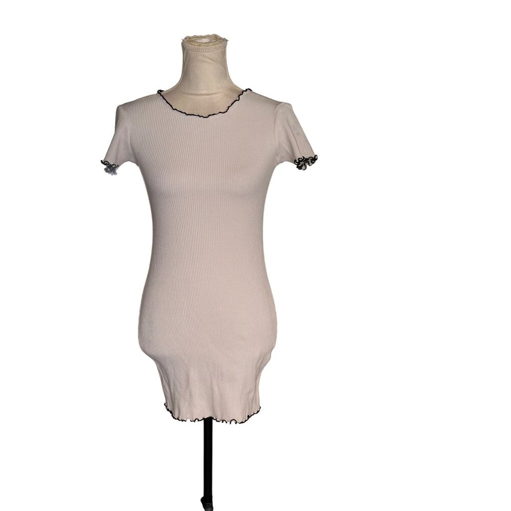 Zara White Ribbed Knit Short Sleeve Mini Dress With Black Ruffled Edges S READ